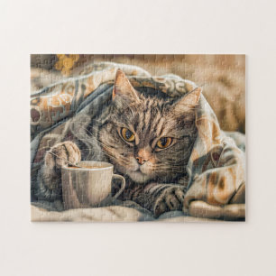 Katze mit Kaffee und Buch in gemütlicher Decke