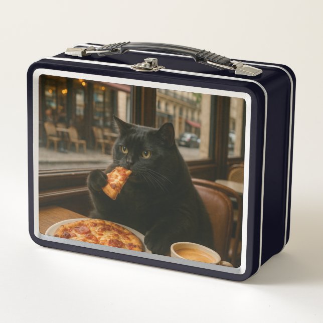 Katze mit Kaffeetasse im Café Metall Brotdose (Vorderseite)