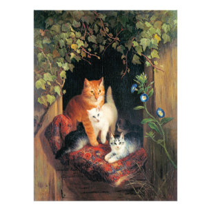 Katze mit Kätzchen, feine Kunstmalerei, Fotodruck