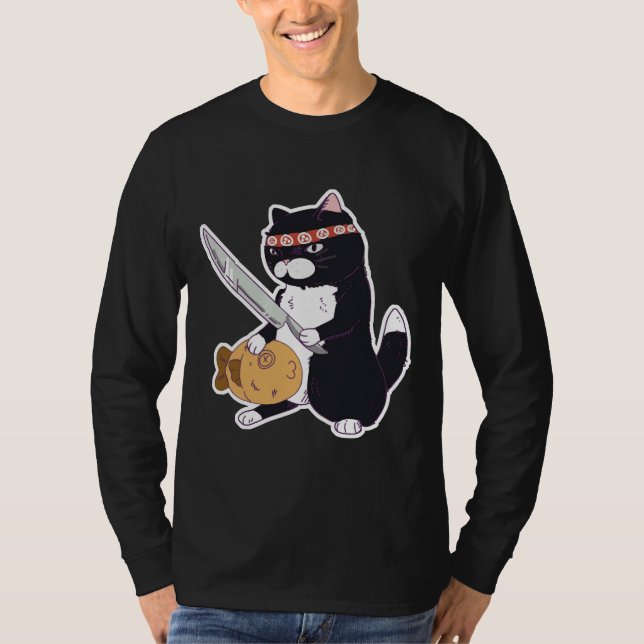 Katze mit Knife Sushi Katze mit Fisch T-Shirt (Vorderseite)