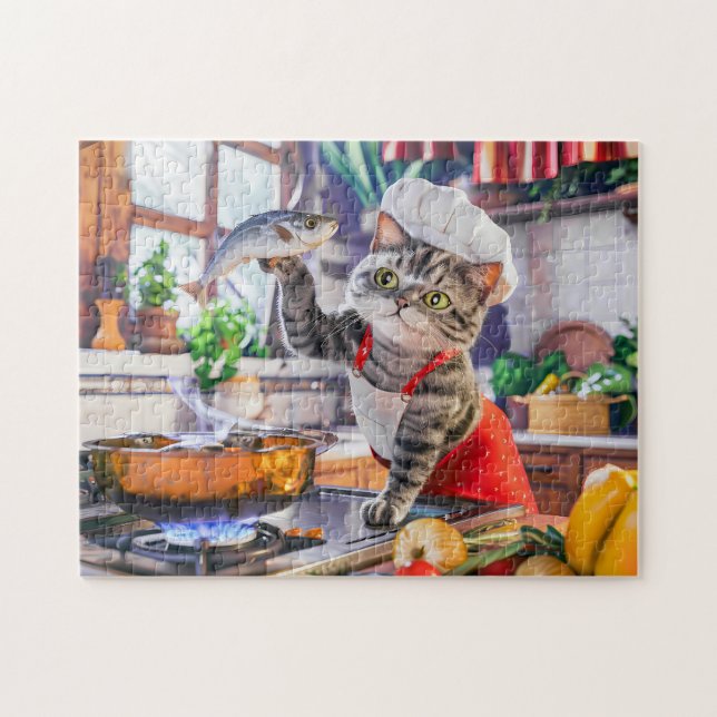 Katze mit Kochmütze beim Kochen mit Gemüse und Fis (Horizontal)