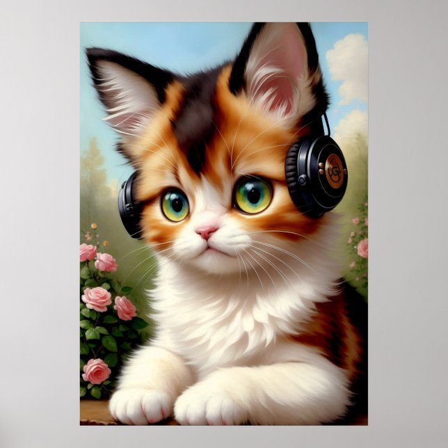 Katze mit Kopfhörern - Vintage Malerei. Poster (Vorne)