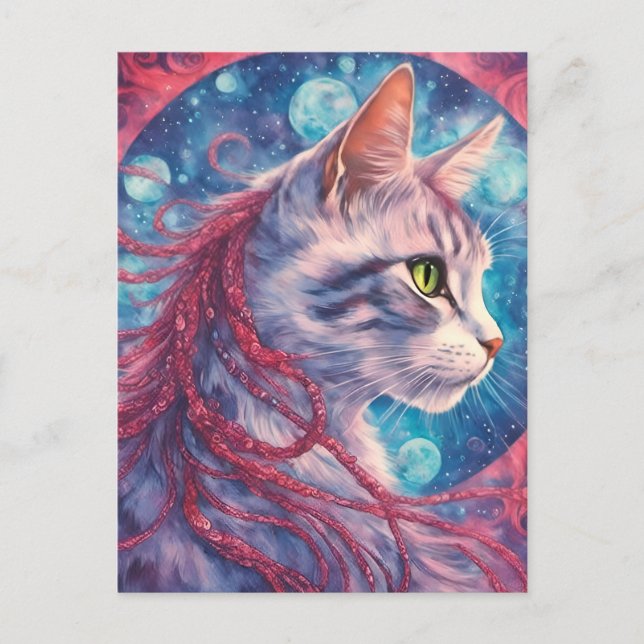 Katze mit langen rosa Haarspangen Postkarte (Vorderseite)