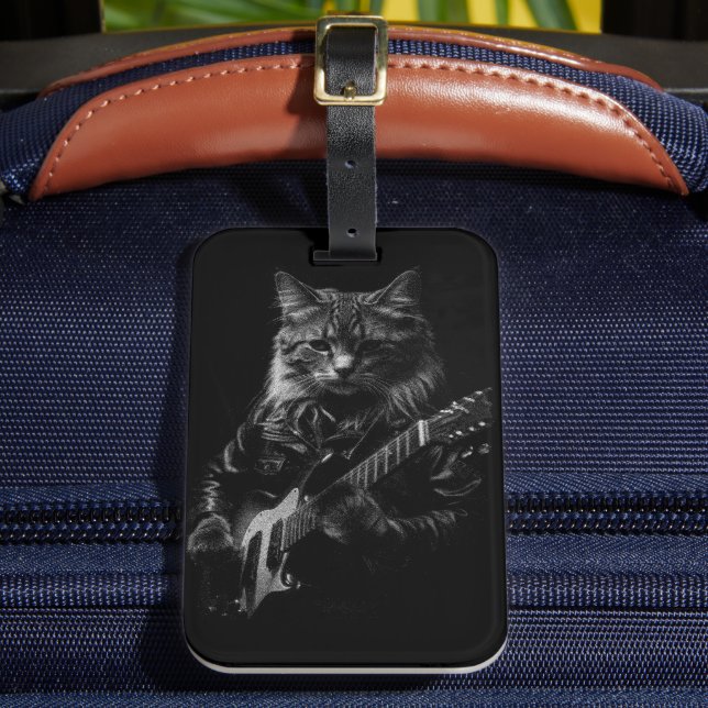 Katze mit Lederjacken spielen elektrische Gitarre Gepäckanhänger (Vorderseite Insitu 2)