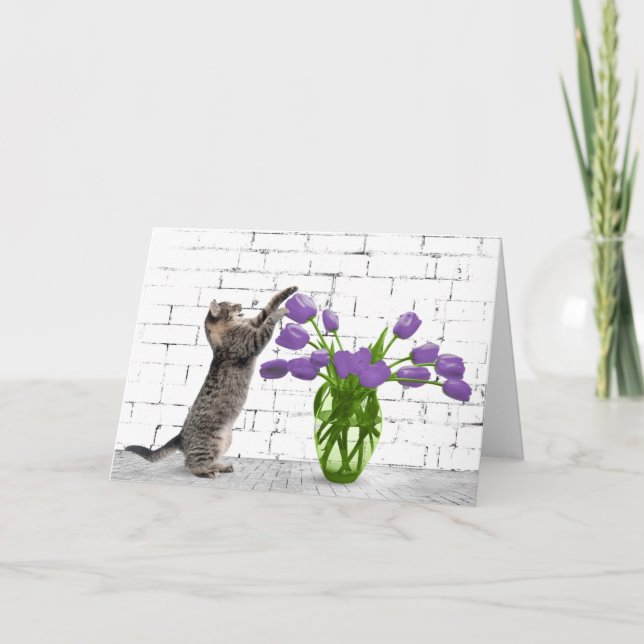 Katze mit Lila Tulip Karte (Vorderseite)