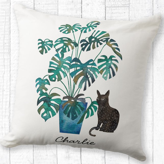 Katze mit Monstera Pflanze Wasserfarbe Personalisi Kissen (Cat with Monstera Swiss Cheese Plant watercolor personalized name throw pillow)