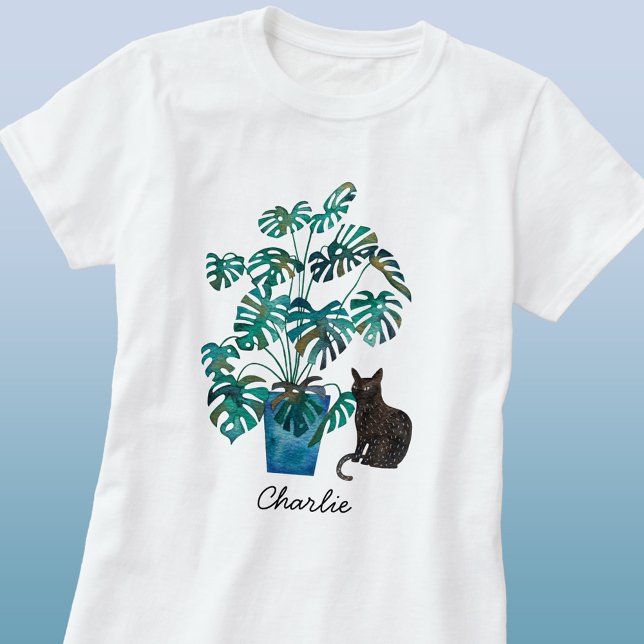 Katze mit Monstera Pflanze Wasserfarbe Personalisi T-Shirt (Personalize name cat with swiss cheese plant watercolor art t-shirt)