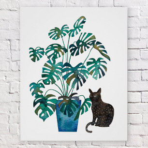 Katze mit Monstera Pflanze Wasserfarbe Poster