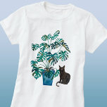Katze mit Monstera Pflanze Wasserfarbe T-Shirt<br><div class="desc">Moderne Aquarellmalerei einer kleinen schwarzen Katze,  die von einer Monstera Deliciosa oder Schweizer Käse Pflanze in einem türkisblauen Topf sitzt. Originelle Kunst von Nic Squirrell. Ideal für Katzen- und Hauspflanzenliebhaber.</div>