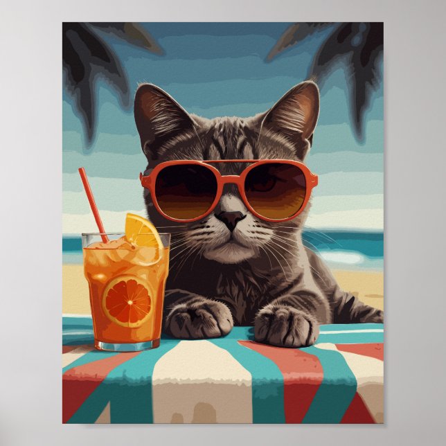 Katze mit Orangensaft am Strand Poster (Vorne)