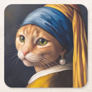 Katze mit Perlenohrring Funny Vermeer Parody Rechteckiger Pappuntersetzer
