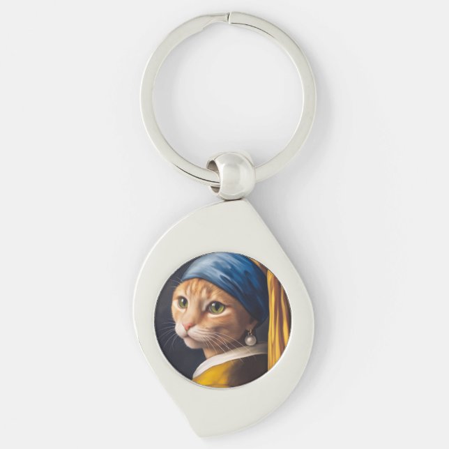 Katze mit Perlenohrring | Funny Vermeer Parody Schlüsselanhänger (Vorderseite)