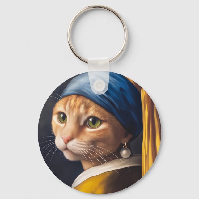 Katze mit Perlenohrring | Funny Vermeer Parody Schlüsselanhänger (Vorderseite)