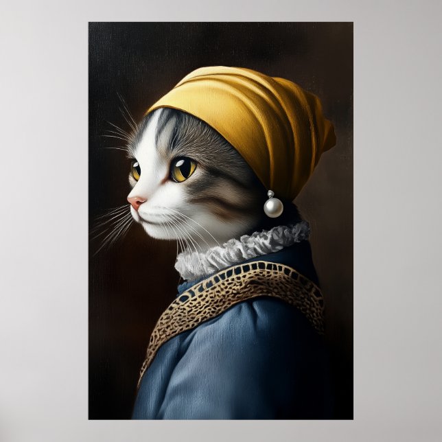 Katze mit Perlenohrring Poster (Vorne)