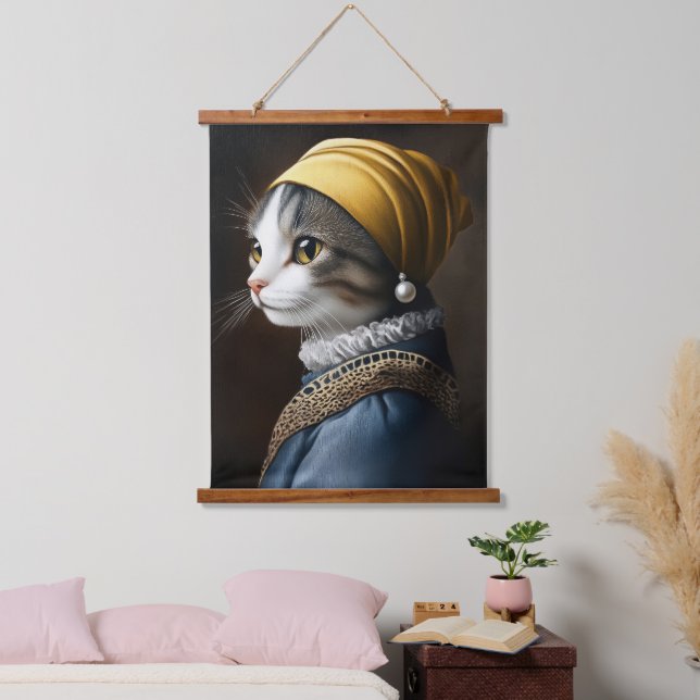 Katze mit Perlenohrring Wandteppich Mit Holzrahmen (Schlafzimmer)
