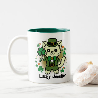 Katze mit personalisiertem Namen und vierblättrige Zweifarbige Tasse