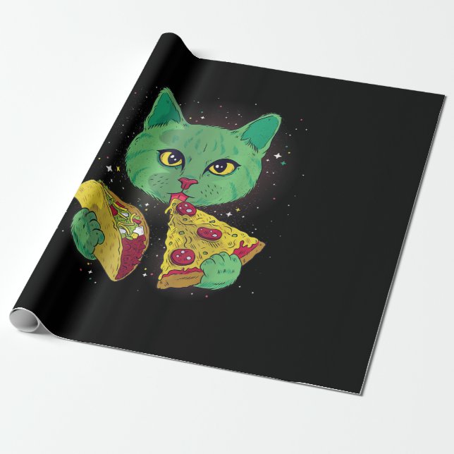 Katze mit Pizza Slice und Taco im All Geschenkpapier (Ungerollt)