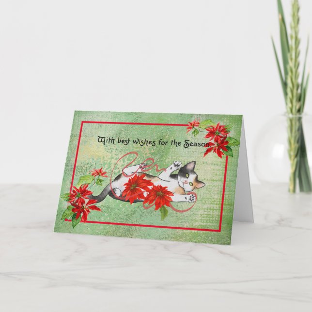 Katze mit Poinsettias Vintage Weihnachtskarte Karte (Vorderseite)