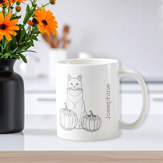Katze mit Pumpkins Minimal Fall Line Kunst und Nam Kaffeetasse (Von Creator hochgeladen)