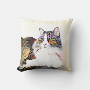 Katze mit Regenbogenfell, stilisiertes handgemalte Kissen