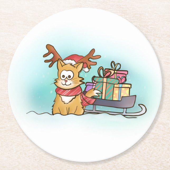 Katze mit Rentierhut und Sleigh Weihnachten Runder Pappuntersetzer (Vorderseite)