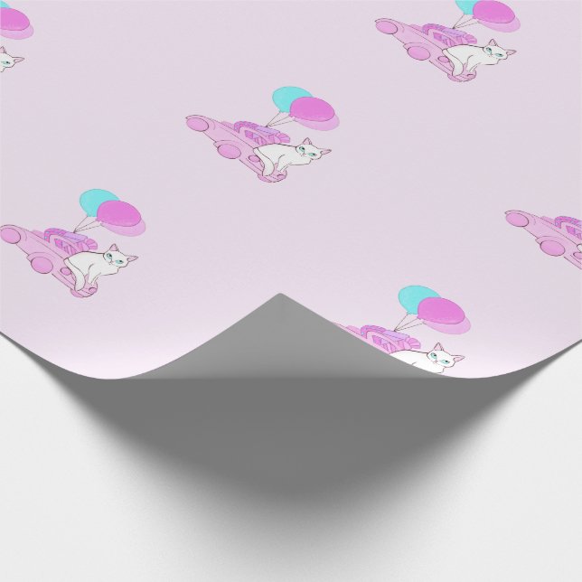 Katze mit rosa Auto und Ballons Geschenkpapier (Ecke)