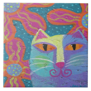Katze mit rosa Blume Abstrakte Malerei Fliese