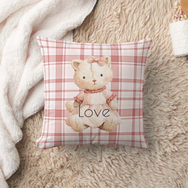 Katze mit rosa Karo- und Streifenmuster Kissen (Decke)