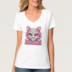 Katze mit rosa Rosen Damen T-Shirt Oberteil