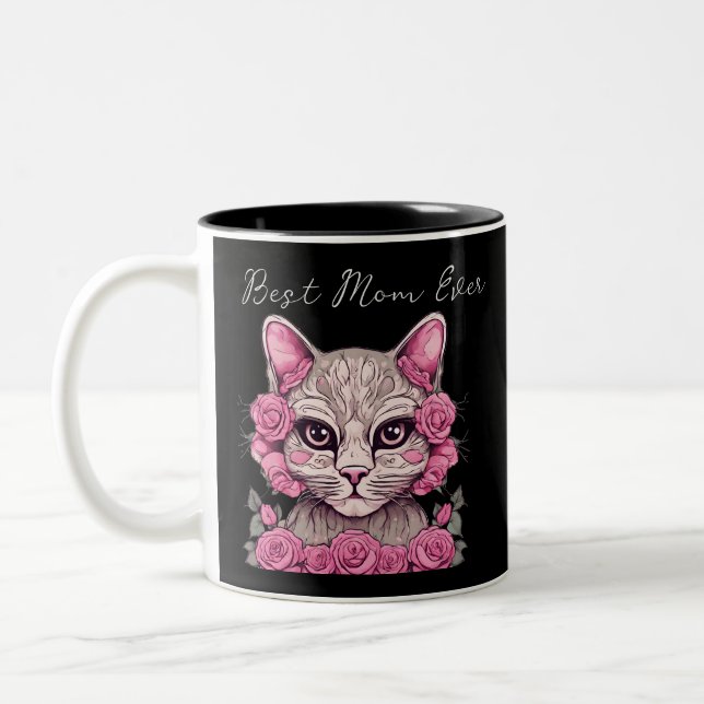Katze mit rosa Rosen Personalisiert Beste Mama je  Zweifarbige Tasse (Links)