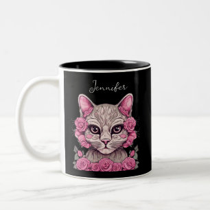 Katze mit rosa Rosen Personalisierte Geburtshaus B Zweifarbige Tasse