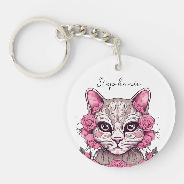 Katze mit rosa Rosen Personalisierter Schlüsselanh Schlüsselanhänger (Vorderseite)