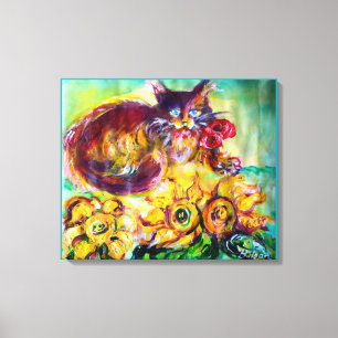 KATZE MIT ROTEM BAND UND SONNENBLUMEN LEINWANDDRUCK