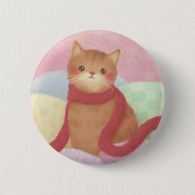 Katze mit rotem Schal Illustration Button (Vorderseite)