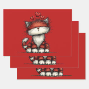 Katze mit roten Liebesherzen Süß und Lustig Geschenkpapier Set