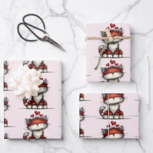 Katze mit roten Liebesherzen Süßes und lustiges Mu Geschenkpapier Set
