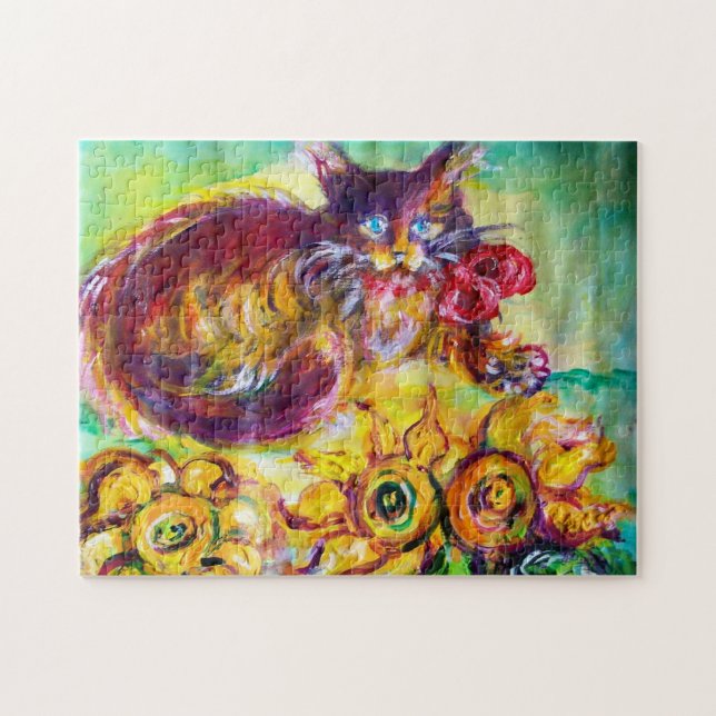 KATZE MIT ROTEN RIBBON UND SONNENBLUMEN (Horizontal)