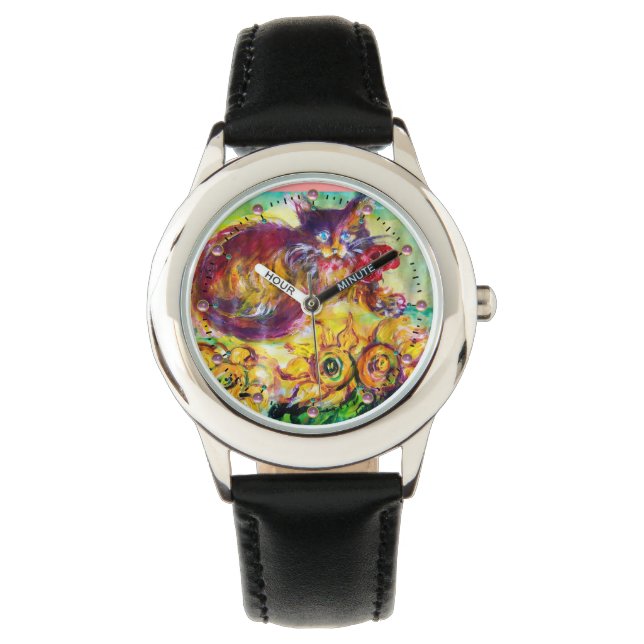 KATZE MIT ROTEN RIBBON UND SONNENBLUMEN ARMBANDUHR (Vorderseite)