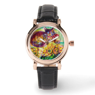 KATZE MIT ROTEN RIBBON UND SONNENBLUMEN ARMBANDUHR