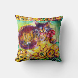 KATZE MIT ROTEN RIBBON UND SONNENBLUMEN KISSEN
