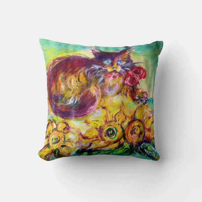 KATZE MIT ROTEN RIBBON UND SONNENBLUMEN KISSEN (Vorderseite)