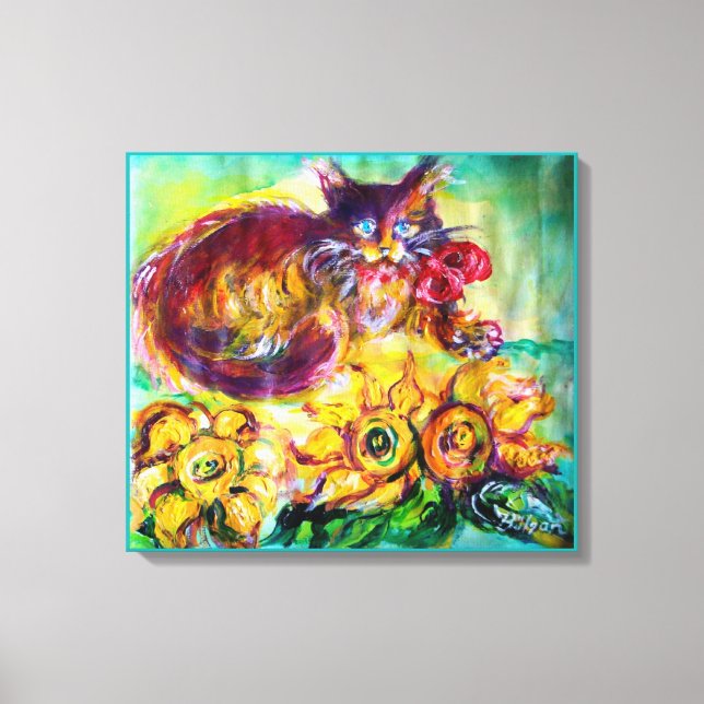 KATZE MIT ROTEN RIBBON UND SONNENBLUMEN LEINWANDDRUCK (Vorderseite)
