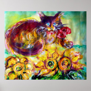 KATZE MIT ROTEN RIBBON UND SONNENBLUMEN POSTER