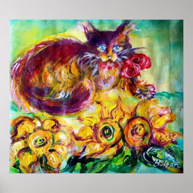 KATZE MIT ROTEN RIBBON UND SONNENBLUMEN POSTER (Vorne)