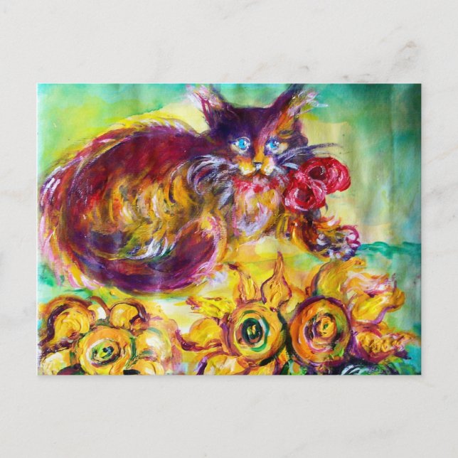 KATZE MIT ROTEN RIBBON UND SONNENBLUMEN POSTKARTE (Vorderseite)
