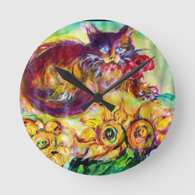 KATZE MIT ROTEN RIBBON UND SONNENBLUMEN RUNDE WANDUHR (Vorderseite)