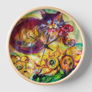 KATZE MIT ROTEN RIBBON UND SONNENBLUMEN WANDUHR