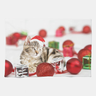 Katze mit roter Weihnachtsmannmütze Weihnachtsbaum Geschirrtuch