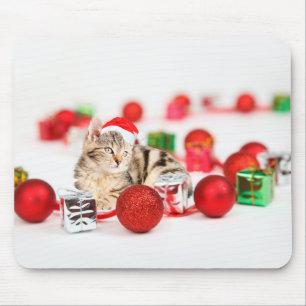 Katze mit roter Weihnachtsmannmütze Weihnachtsbaum Mousepad