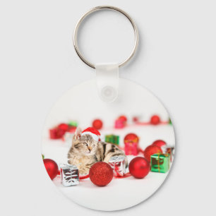 Katze mit roter Weihnachtsmannmütze Weihnachtsbaum Schlüsselanhänger